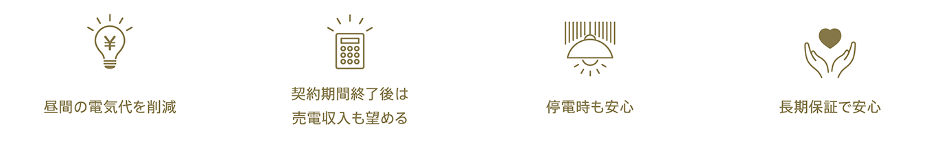 昼間の電気代を削減 契約期間終了後は売電収入も望める 停電時も安心 長期保証で安心