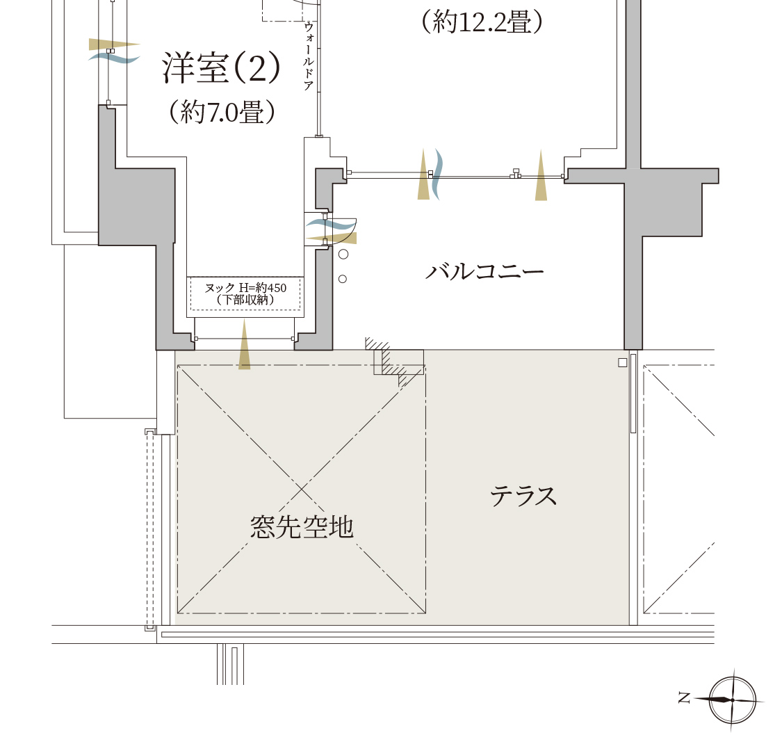 At type専有面積：76.25㎡（約23.06坪）<br>バルコニー面積：7.05㎡、テラス面積：20.05㎡