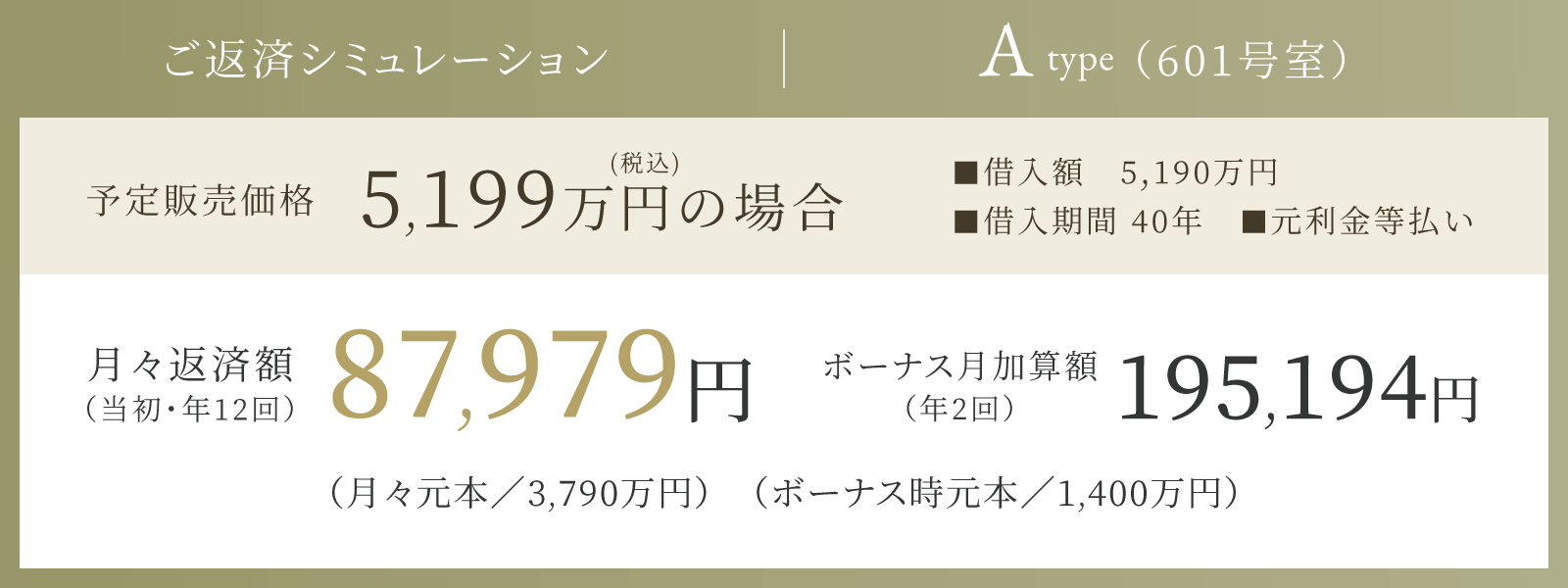 ご返済シュミレーション A type（601号室） 予定販売価格5,199万円の場合 月々返済額87,979円